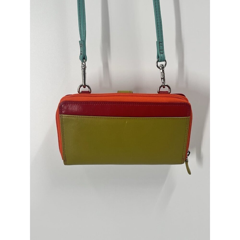RFID Colorblock Crossbody Mini Bag Leather Travel Red Orange Blue - Picture 5 of 8